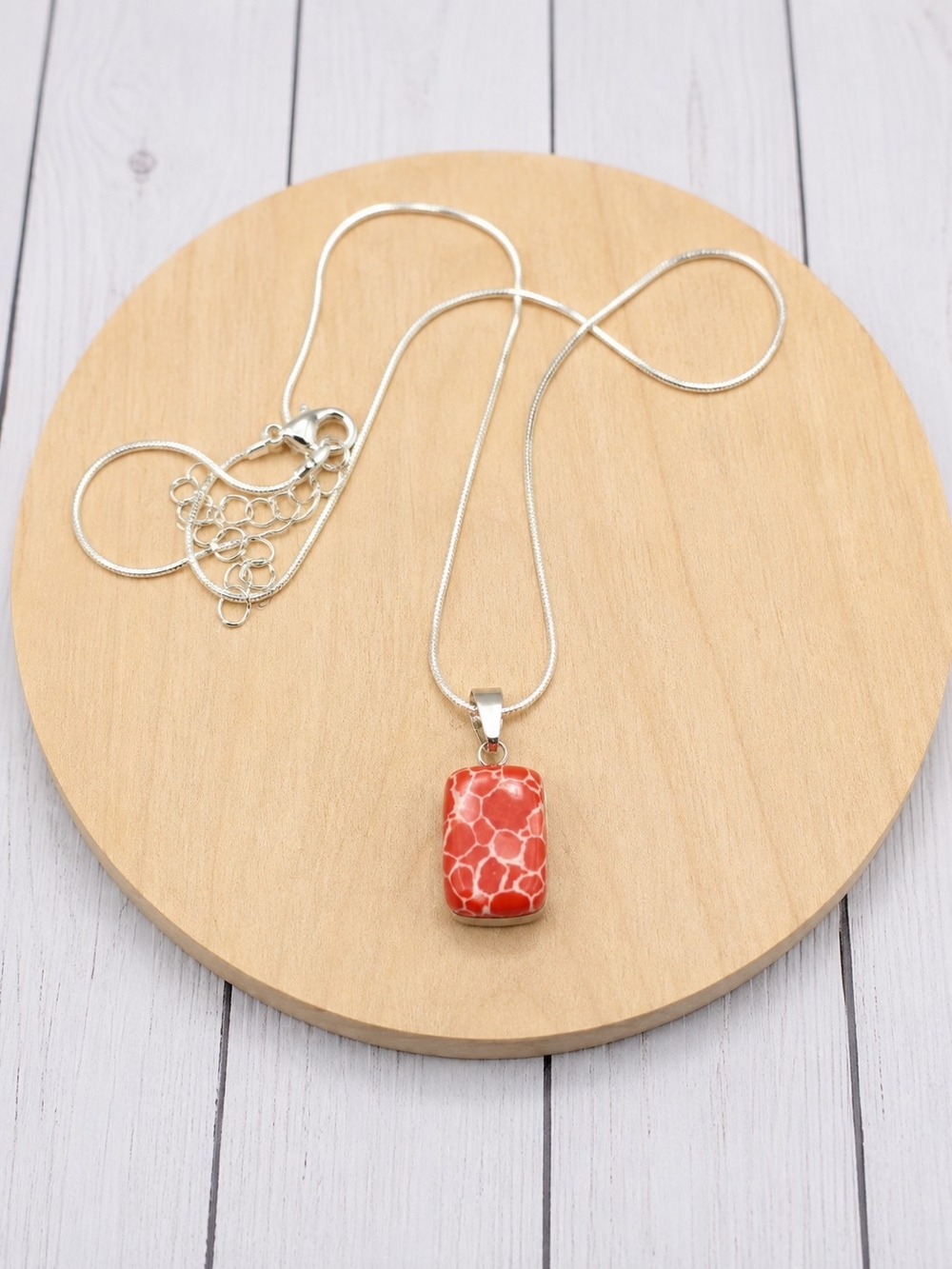 Silver Necklace with Coral Red Tile Pendant - Women Jewelry